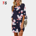 New summer fashion short sleeve print tie round neck dress